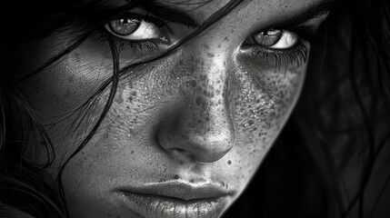 Obraz premium A monochrome image of a woman's face adorned with freckles, both in her hair and around her eyes