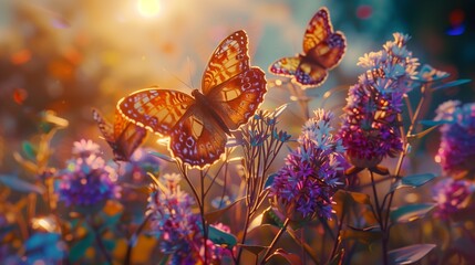 A close-up of a group of butterflies perched on a colorful wildflower, their wings a kaleidoscope of colors. - Powered by Adobe