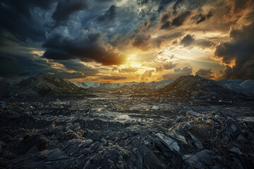 Fototapeta premium Industrial Waste Landscape at Sunset with Ominous Clouds