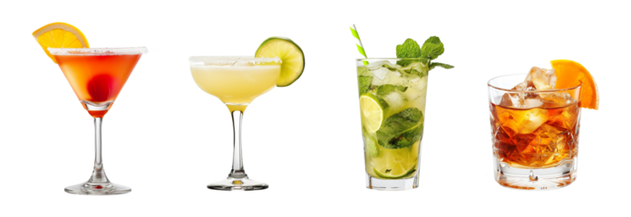 set bundle of colorful exotic refreshing cold cocktails PNG transparent background isolated graphic resource. Cosmopolitan, Margarita, Old fashioned, Mojito with citrus fruit and ice