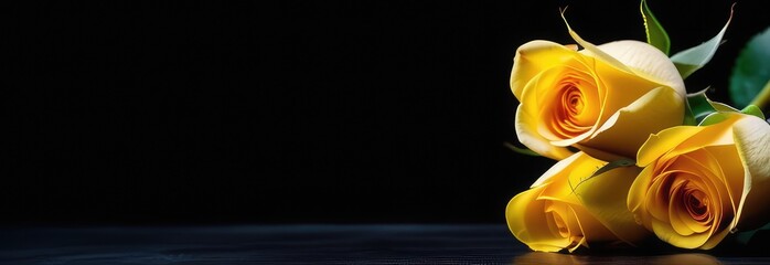 There is a bouquet of yellow roses on the table. Greeting card for anniversary, mother's day.