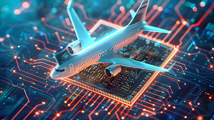 Concept of digital twins in aviation technology, graphic of a microchip with an airplane and futuristic elements - Powered by Adobe