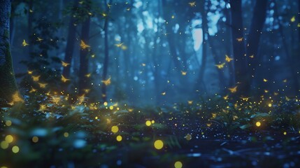 A cluster of luminous fireflies illuminating the darkness of a dense forest like tiny, dancing stars.