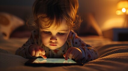 Young child engaged with tablet while sitting on bed.