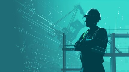 Construction worker silhouette against stylized blueprint and crane background