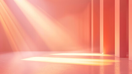 sunlit pastel peach studio room with sharp shadows and columns