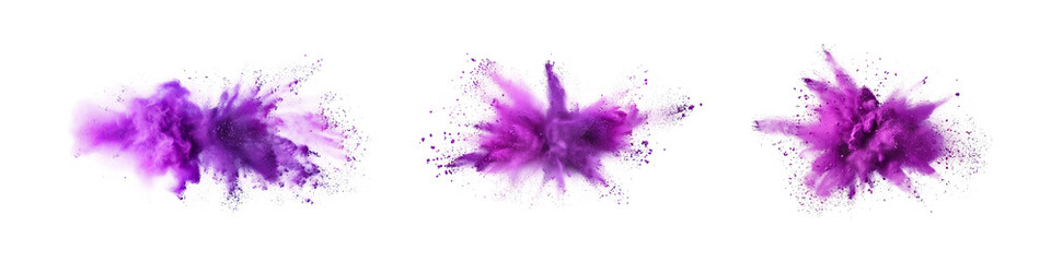 Set bundle purple color powder dust explosion PNG transparent background isolated graphic resource. Celebration, colorful festival, run or party element