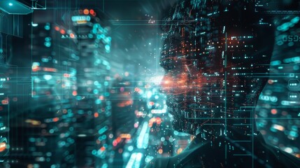 Obraz premium Human Interaction with Complex Digital Interfaces in a Neon-Lit Cybernetic City