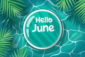 "Hello June" with a circular shape, in white font and a green blue gradient background, on top of a swimming pool Generative AI - Powered by Adobe