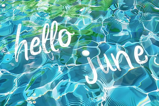 summer pool background with text Layers of water, blue and green colors with the word "hello june" written in white letters Generative AI - Powered by Adobe