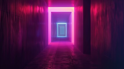 A  dark hallway with a bright light at the end of it. The walls are lined with pink glowing curtains and the floor is wet and reflecting the light.