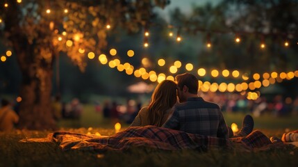 A couple cuddled up on a blanket at a outdoor concert, swaying to the music and basking in the warm evening air.