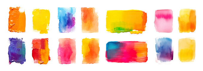 Set bundle of Vibrant warm color paint brush stroke textures PNG transparent background isolated graphic resource. Saturated yellow, orange, blue art shape