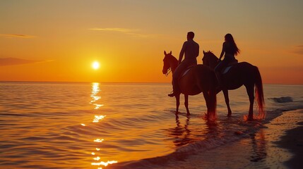 A couple enjoying a romantic sunset horseback ride on the beach