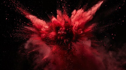 rote Farbexplosion vor dunklem Hintergrund, rauchender Knall, Explosion aus rotem Pulver	

