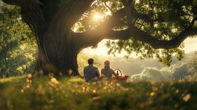 A couple enjoying a romantic picnic under a giant oak tree, with a basket overflowing with delicious food and a bottle of wine. - Powered by Adobe