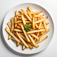 french fries with Salad in a plate with white background