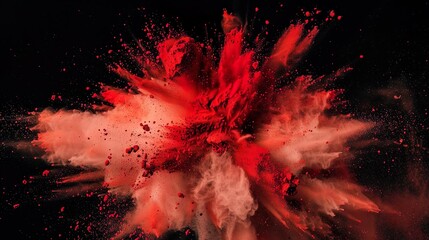 rote Farbexplosion vor dunklem Hintergrund, rauchender Knall, Explosion aus rotem Pulver	
