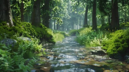 Obraz premium A crystal-clear stream winding through a lush green forest.