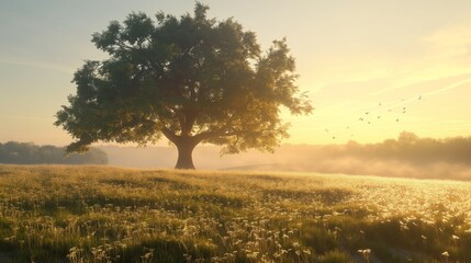 A dawn chorus over a dew-covered meadow with a single oak tree