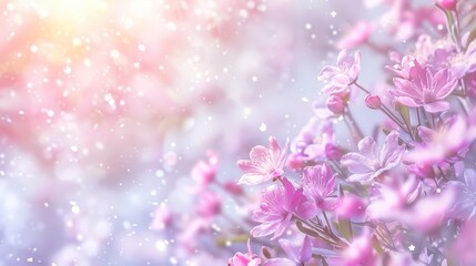   A tight shot of several pink blooms against a softly blurred backdrop, illuminated by a beam of light above