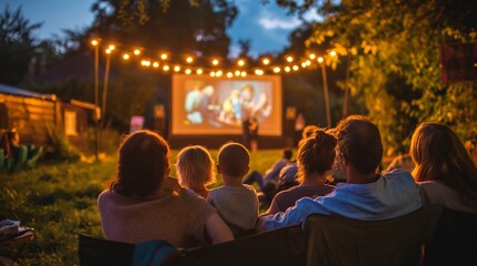 A family watching a movie at an outdoor cinema