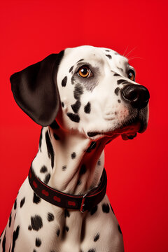 portrait of a Dalmatian on a red background