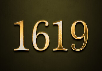 Old gold effect of 1619 number with 3D glossy style Mockup.	