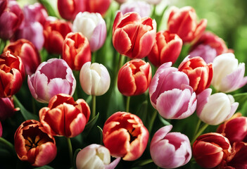 Fototapeta premium '8 spring s Day Concept March Valentine's mother tulips flowers Bouquet Background Flower Isolated Nature Wood Easter Spring Love Table Leaf Gift White Floral Beauty Garden Green Color Wallpaper Red'