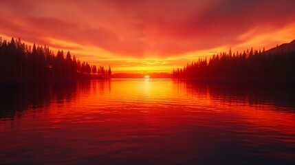 Obraz premium A fiery sunset over a calm lake, with silhouettes of trees on the horizon