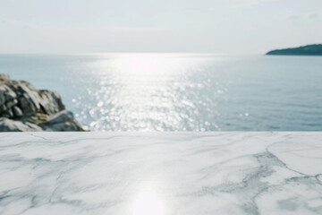 Obraz premium Mockup. Empty white marble table top with copy space for product advertising, blue sea and mountains landscape view