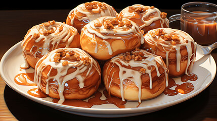 A sweet and indulgent plate of cinnamon rolls with cream cheese frosting and caramel drizzle. - Powered by Adobe