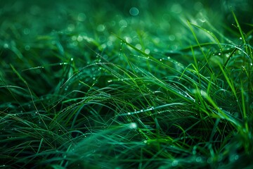 Lush Green Grass and Dew Drops in Natural Light