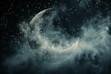 Crescent Moon Amidst Clouds and Glittering Stars