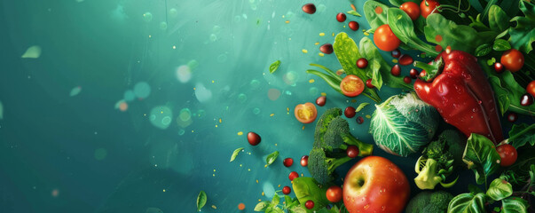 Fresh vegetables floating in water with bubbles on a teal background. Banner with copyspace area.