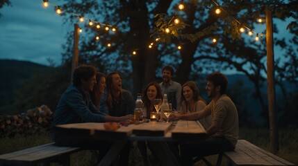 Fototapeta premium A group of friends laughing around a picnic table adorned with string lights at dusk.