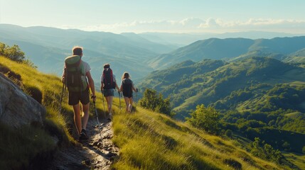 A group of hikers walking on a mountain trail, overlooking a breathtaking vista of rolling hills and valleys. - obrazy, fototapety, plakaty