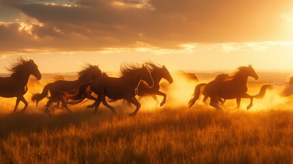 Fototapeta na wymiar A herd of wild horses galloping across an open plain, their flowing manes catching the golden light of dawn.