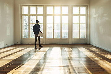 Man in a suit holding a briefcase walking towards windows in a sunlit spacious room with wooden floors