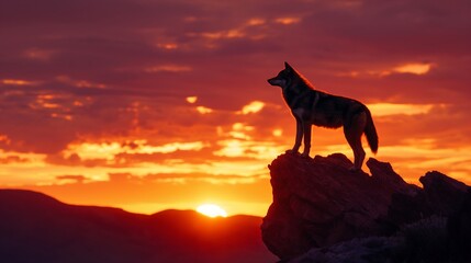 A lone wolf standing atop a rocky cliff, silhouetted against the fiery hues of a breathtaking sunset.