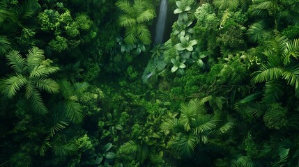 A lush rainforest canopy viewed from above, with a hint of a waterfall in the distance