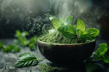 Green Sage Powder in Wooden Bowl Surrounded by Fresh Leaves