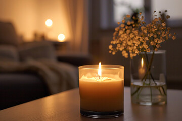 Single candle burning brightly in a glass holder with baby's breath flowers in a vase on a coffee table