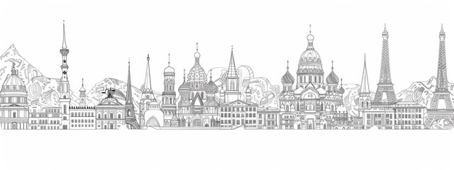 Fototapeta premium Line art illustrations of traditional architecture and landmarks from different countries.