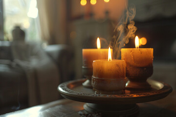 Three candles burning brightly on a metal tray in a cozy living room setting with a soft focus background