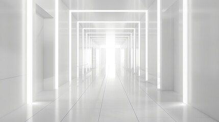 Minimalistic white corridor with glowing geometric shapes. Modern architecture and design concept for background and print