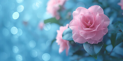Obraz premium Blue spring banner with pink flowers, soft blur, copy space 
