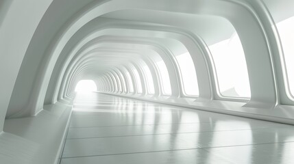 Abstract futuristic white tunnel with arched design. Modern architectural corridor with copy space for interior design and architectural presentations