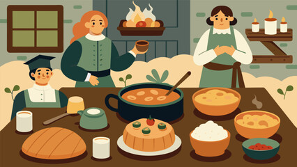 Tavern Fare Favorites Visit a virtual colonial tavern and learn how to make popular dishes like hearty corn chowder savory shepherds pie and indulgent. Vector illustration - obrazy, fototapety, plakaty