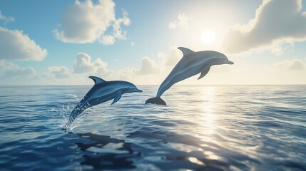 A pair of dolphins leaping gracefully out of the water, their sleek bodies glistening in the...